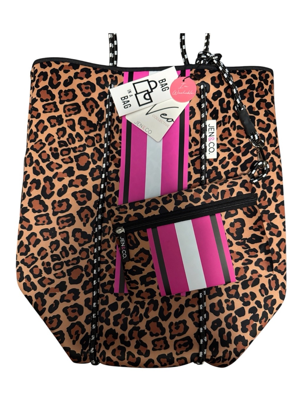 Jen & Co Leopard Neoprene Tote Bag with Pink Stripe Accent